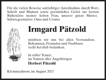 Traueranzeige von Irmgard Pätzold von Märkischen Allgemeine Zeitung