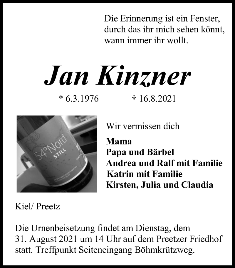  Traueranzeige für Jan Kinzner vom 28.08.2021 aus Kieler Nachrichten