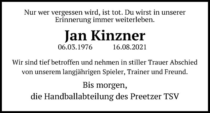  Traueranzeige für Jan Kinzner vom 28.08.2021 aus Kieler Nachrichten