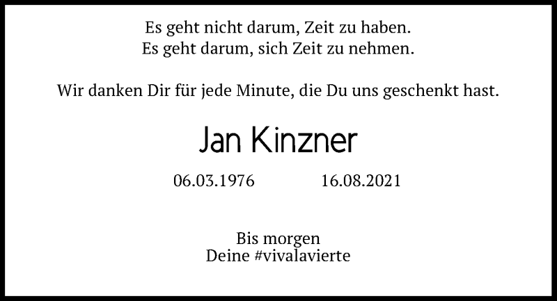  Traueranzeige für Jan Kinzner vom 28.08.2021 aus Kieler Nachrichten