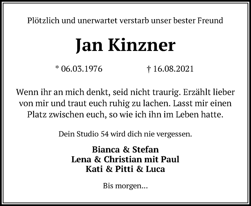  Traueranzeige für Jan Kinzner vom 28.08.2021 aus Kieler Nachrichten