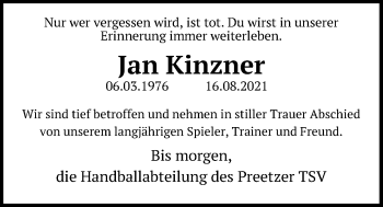 Traueranzeige von Jan Kinzner von Kieler Nachrichten