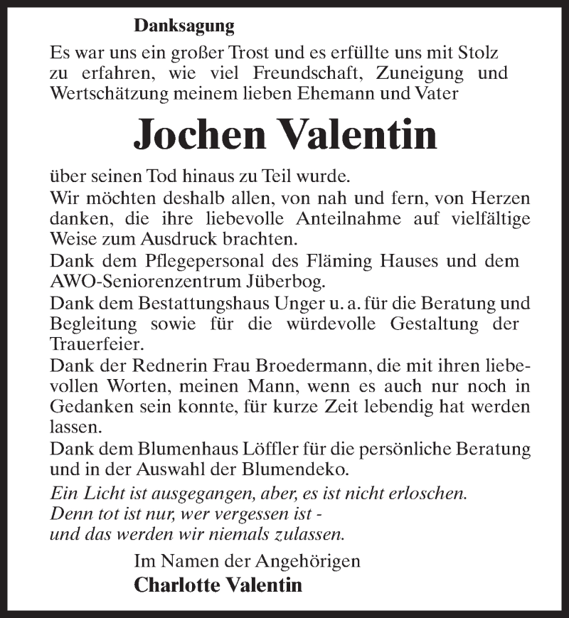  Traueranzeige für Jochen Valentin vom 14.08.2021 aus Märkischen Allgemeine Zeitung