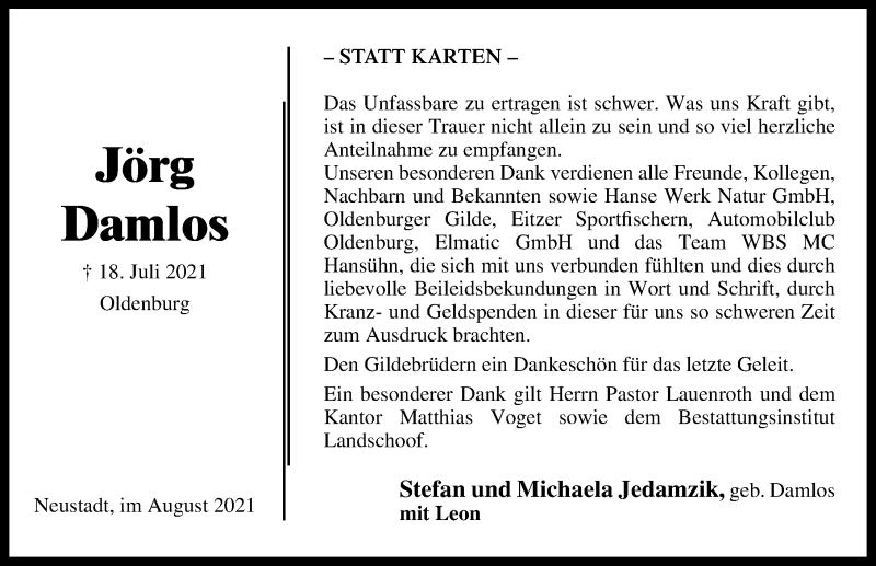  Traueranzeige für Jörg Damlos vom 28.08.2021 aus Lübecker Nachrichten