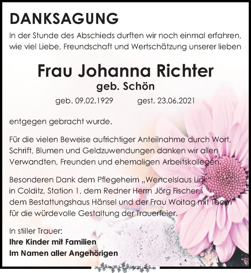  Traueranzeige für Johanna Richter vom 07.08.2021 aus Leipziger Volkszeitung