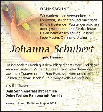 Traueranzeige von Johanna Schubert von Leipziger Volkszeitung