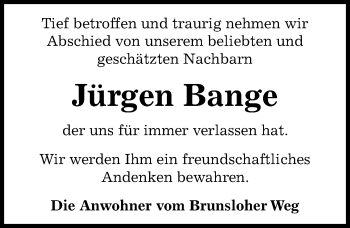 Traueranzeige von Jürgen Bange von Hannoversche Allgemeine Zeitung/Neue Presse