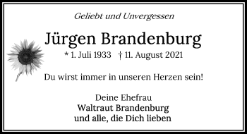 Traueranzeige von Jürgen Brandenburg von Märkischen Allgemeine Zeitung
