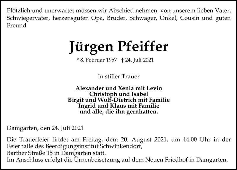  Traueranzeige für Jürgen Pfeiffer vom 14.08.2021 aus Ostsee-Zeitung GmbH