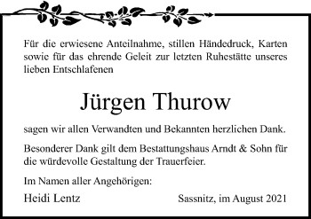 Traueranzeige von Jürgen Thurow von Ostsee-Zeitung GmbH
