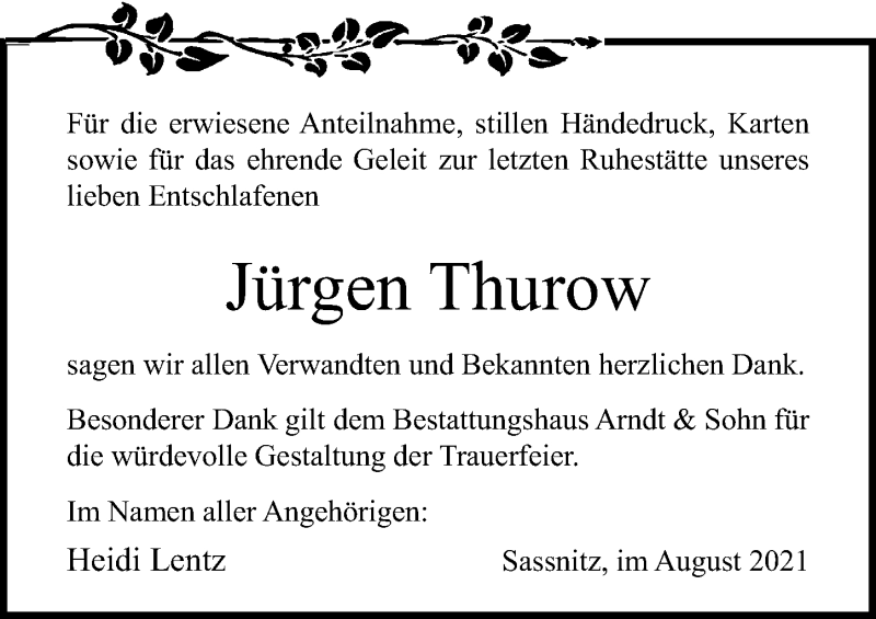  Traueranzeige für Jürgen Thurow vom 07.08.2021 aus Ostsee-Zeitung GmbH