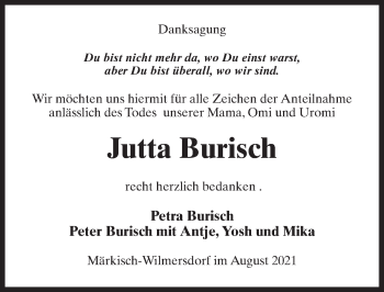 Traueranzeige von Jutta Burisch von Märkischen Allgemeine Zeitung