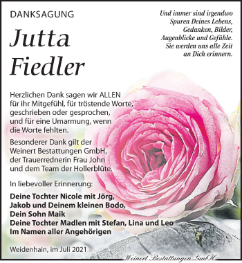 Traueranzeige von Jutta Fiedler von Torgauer Zeitung