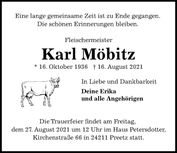 Traueranzeige von Karl Möbitz von Kieler Nachrichten