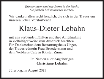 Traueranzeige von Klaus-Dieter Lebahn von Märkischen Allgemeine Zeitung