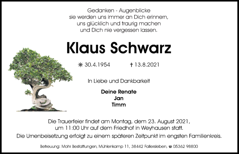  Traueranzeige für Klaus Schwarz vom 20.08.2021 aus Aller Zeitung
