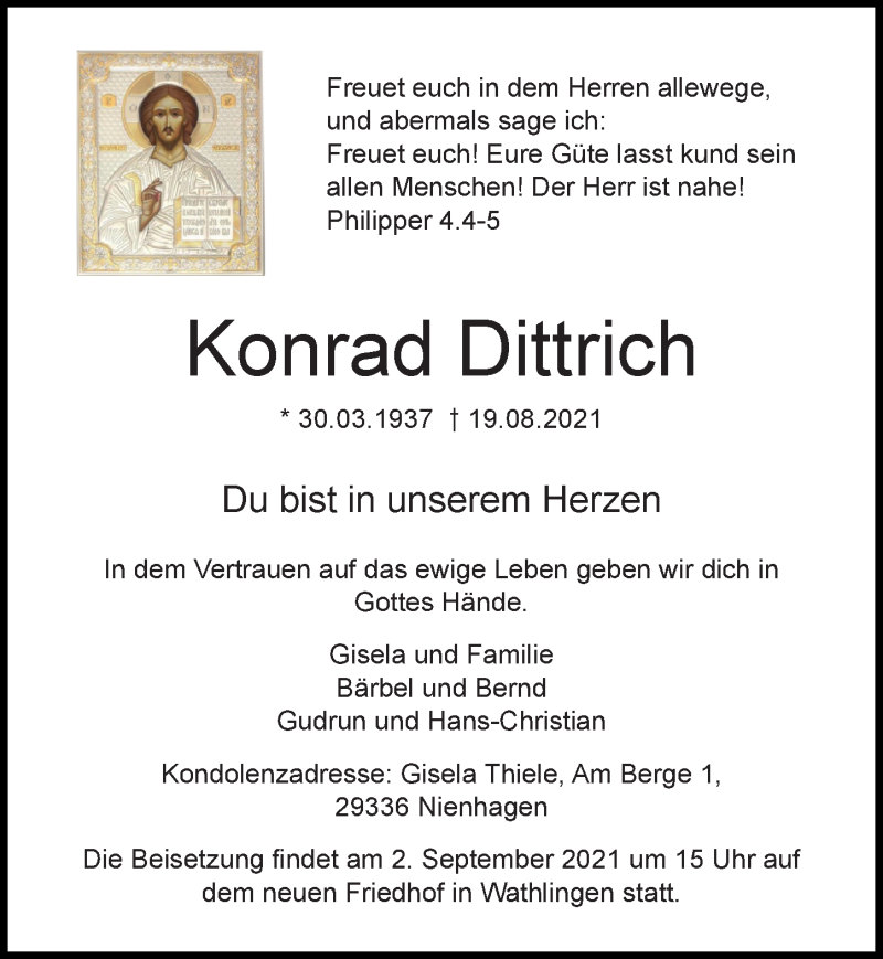  Traueranzeige für Konrad Dittrich vom 31.08.2021 aus Lübecker Nachrichten