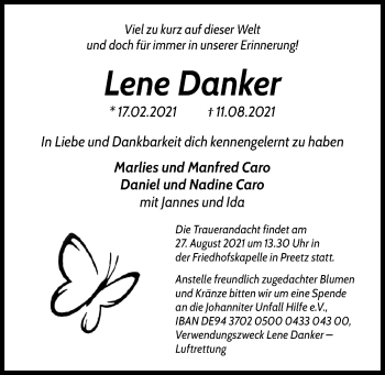 Traueranzeige von Lene Danker von Kieler Nachrichten