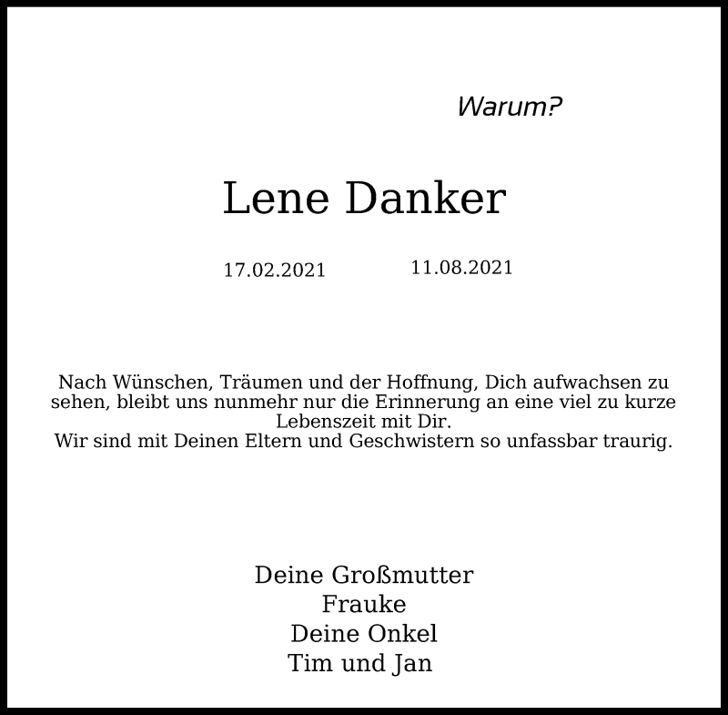  Traueranzeige für Lene Danker vom 21.08.2021 aus Kieler Nachrichten