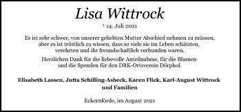 Traueranzeige von Lisa Wittrock von Ostsee-Zeitung GmbH