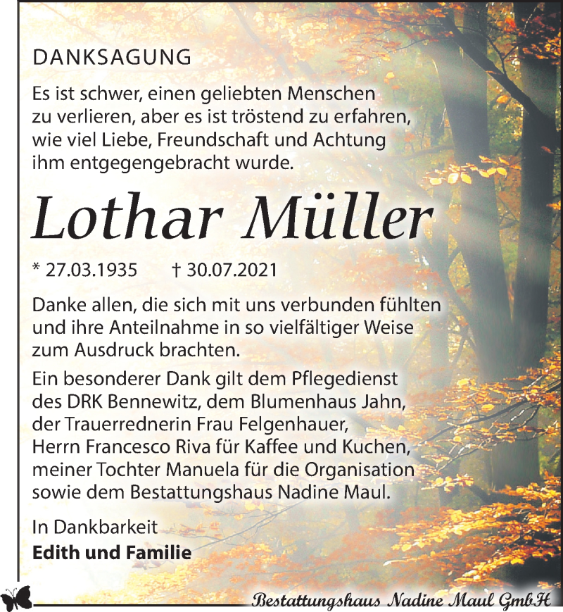  Traueranzeige für Lothar Müller vom 21.08.2021 aus Leipziger Volkszeitung