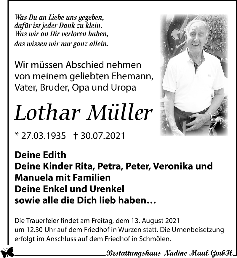  Traueranzeige für Lothar Müller vom 07.08.2021 aus Leipziger Volkszeitung
