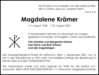 Traueranzeige von Magdalene Krämer von Kieler Nachrichten