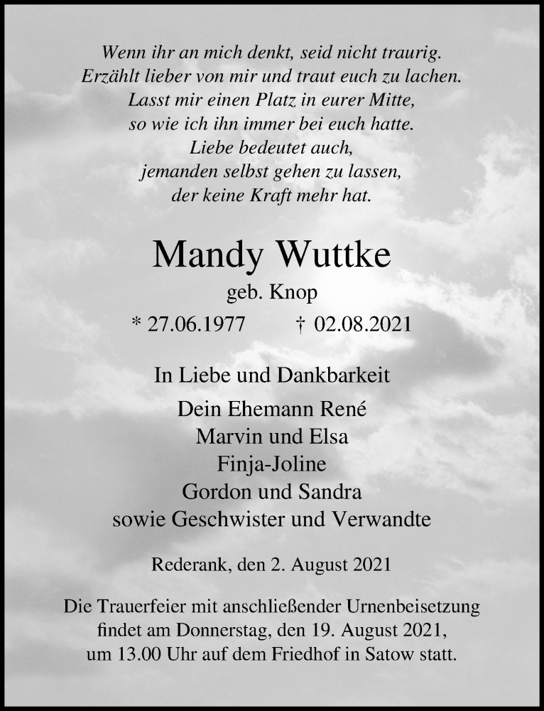  Traueranzeige für Mandy Wuttke vom 14.08.2021 aus Ostsee-Zeitung GmbH