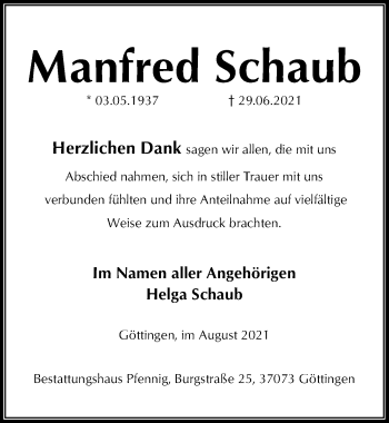 Traueranzeige von Manfred Schaub von Göttinger Tageblatt