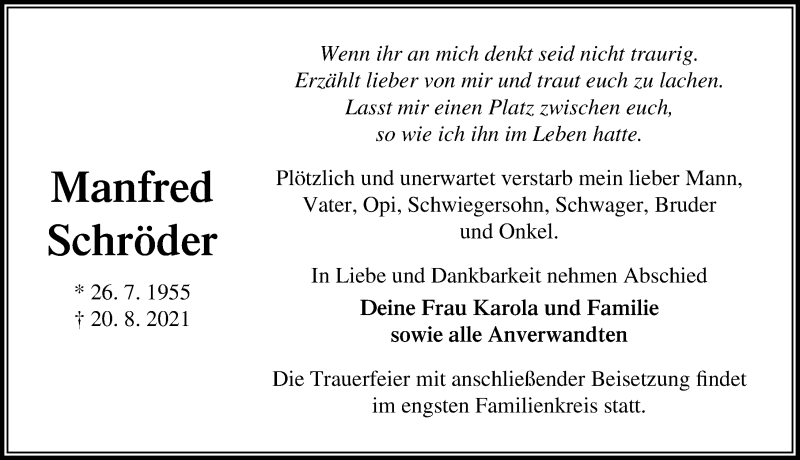  Traueranzeige für Manfred Schröder vom 28.08.2021 aus Märkischen Allgemeine Zeitung