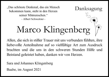 Traueranzeige von Marco Klingenberg von Ostsee-Zeitung GmbH