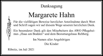 Traueranzeige von Margarete Hahn von Ostsee-Zeitung GmbH