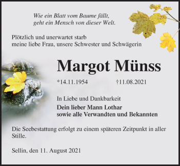 Traueranzeige von Margot Münss von Ostsee-Zeitung GmbH