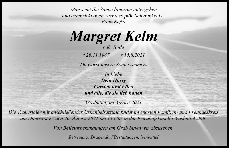  Traueranzeige für Margret Kelm vom 21.08.2021 aus Aller Zeitung