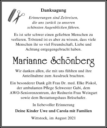 Traueranzeige von Marianne Schönberg von Märkischen Allgemeine Zeitung