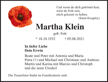 Traueranzeige von Martha Klein von Ostsee-Zeitung GmbH