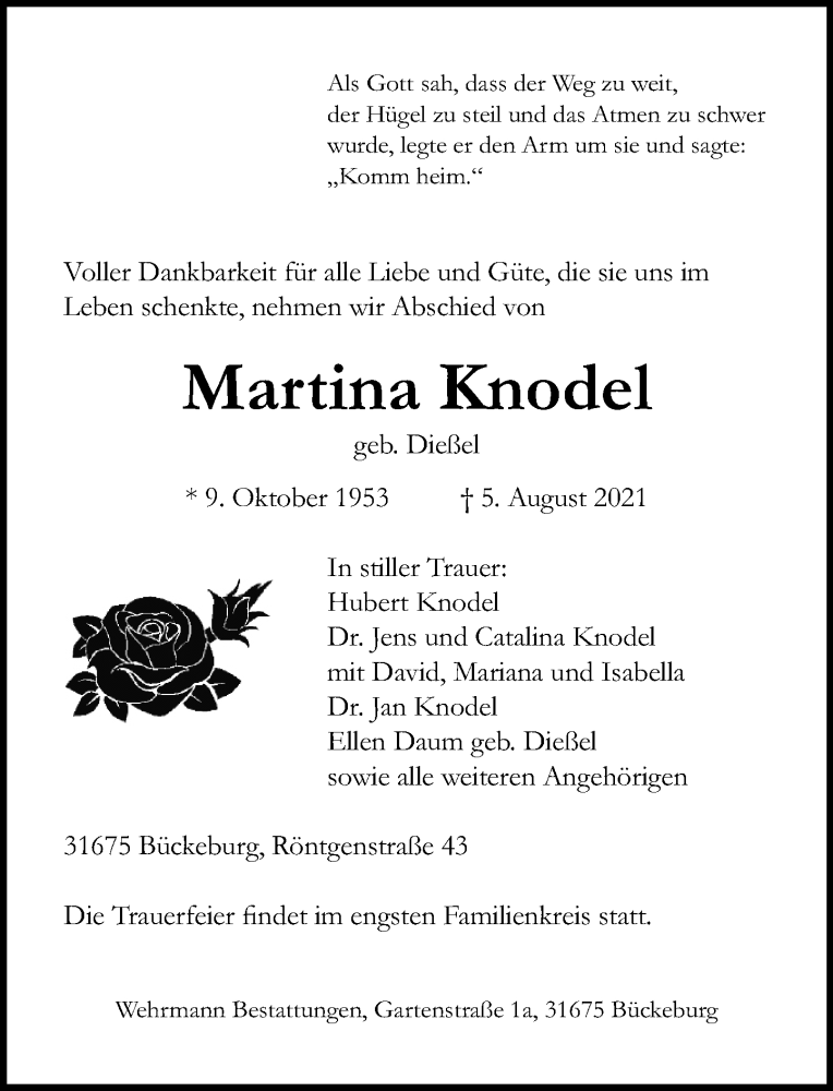  Traueranzeige für Martina Knodel vom 07.08.2021 aus Schaumburger Nachrichten