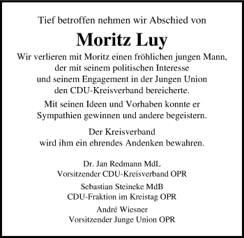 Traueranzeige von Moritz Luy von Märkischen Allgemeine Zeitung