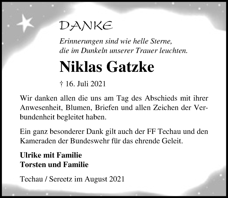  Traueranzeige für Niklas Gatzke vom 15.08.2021 aus Lübecker Nachrichten