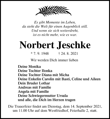 Traueranzeige von Norbert Jeschke von Ostsee-Zeitung GmbH