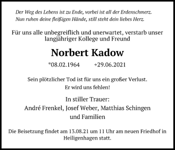 Traueranzeige von Norbert Kadow von Ostsee-Zeitung GmbH