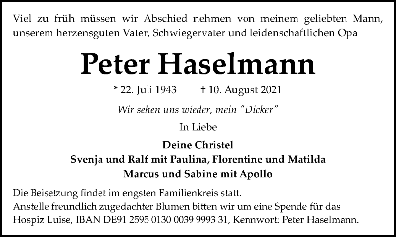  Traueranzeige für Peter Haselmann vom 14.08.2021 aus Hannoversche Allgemeine Zeitung/Neue Presse