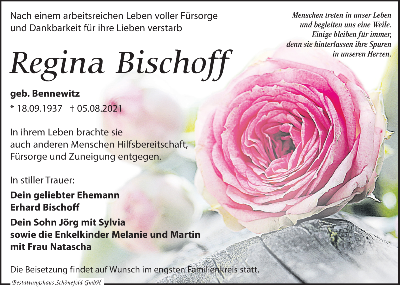  Traueranzeige für Regina Bischoff vom 14.08.2021 aus Leipziger Volkszeitung