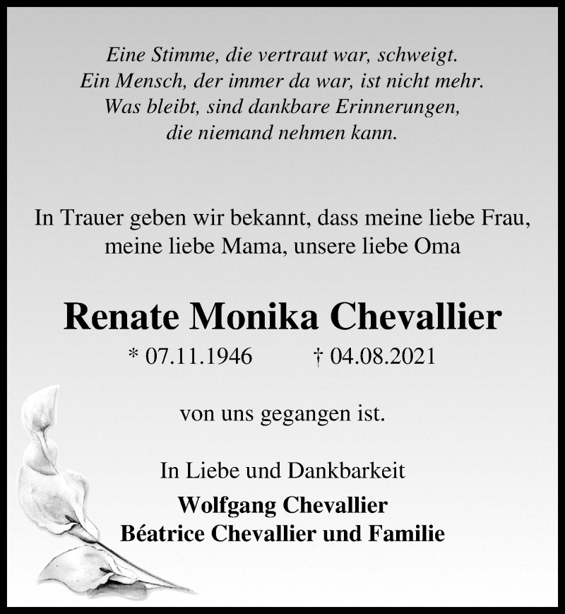  Traueranzeige für Renate Monika Chevallier vom 21.08.2021 aus Märkischen Allgemeine Zeitung