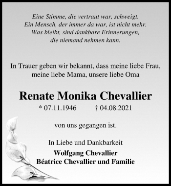 Traueranzeige von Renate Monika Chevallier von Märkischen Allgemeine Zeitung