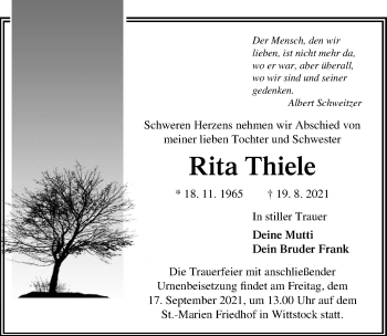 Traueranzeige von Rita Thiele von Märkischen Allgemeine Zeitung