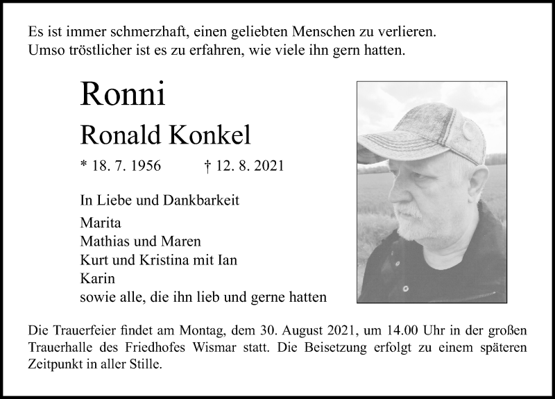 Traueranzeige für Ronald Konkel vom 21.08.2021 aus Ostsee-Zeitung GmbH