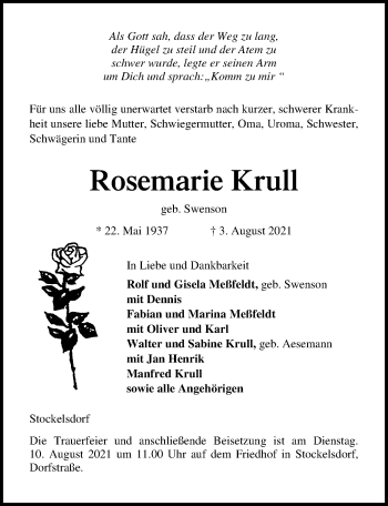 Traueranzeige von Rosemarie Krull von Lübecker Nachrichten