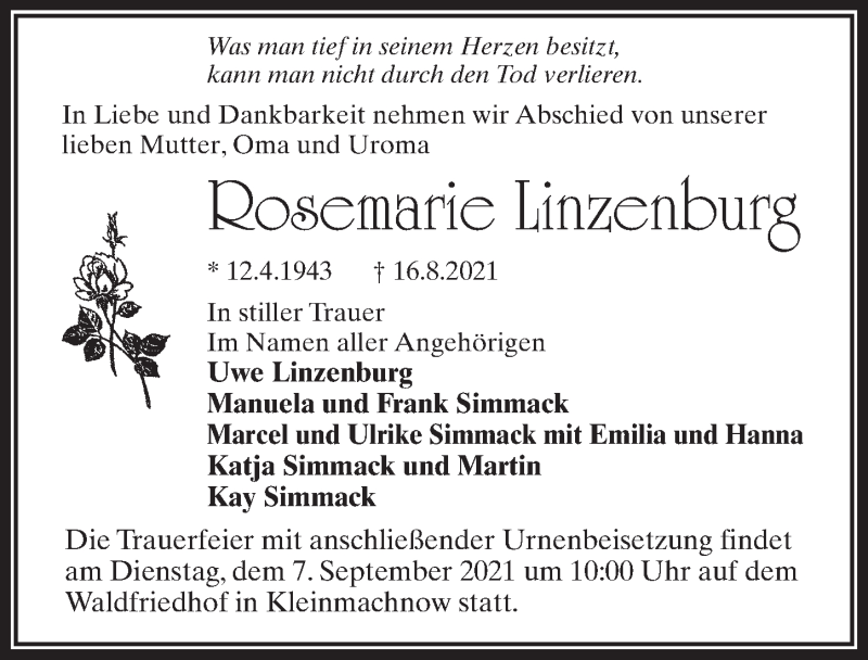  Traueranzeige für Rosemarie Linzenburg vom 28.08.2021 aus Märkischen Allgemeine Zeitung