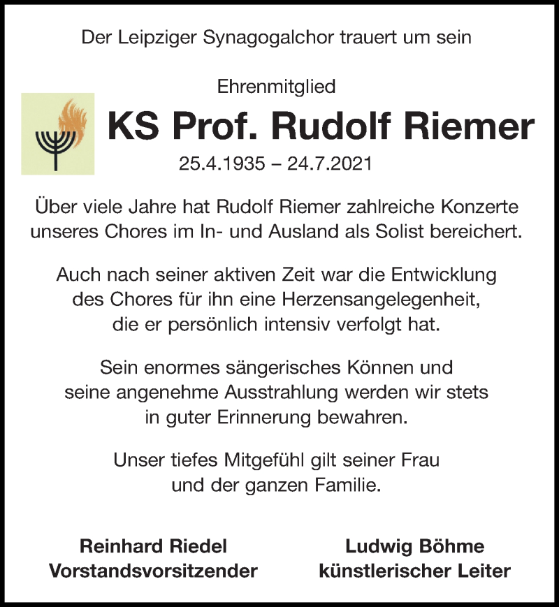  Traueranzeige für Rudolf Riemer vom 28.08.2021 aus Leipziger Volkszeitung